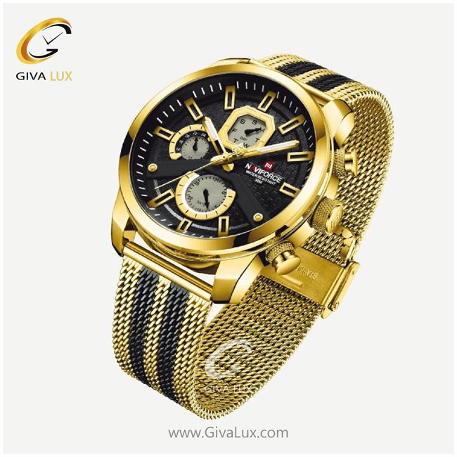 ساعت مچی اورجینال مردانه ناوی فورس|Naviforce|نوی فورس|نیوی فورس سه موتوره فول تایم طلایی | طلایی| مشکی| کد رفرنس NF9211